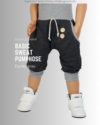 kurze Hose Kinder, Graue Pumphose Unisex Sommerhose, Jungen Mädchen Sweathose kurze Hose Kinder, schlichte Sweat Pumphose, Knielang Dunkelgrau aus weichem French Terry Sweatstoff, Dekobändern, Holzknöfpe