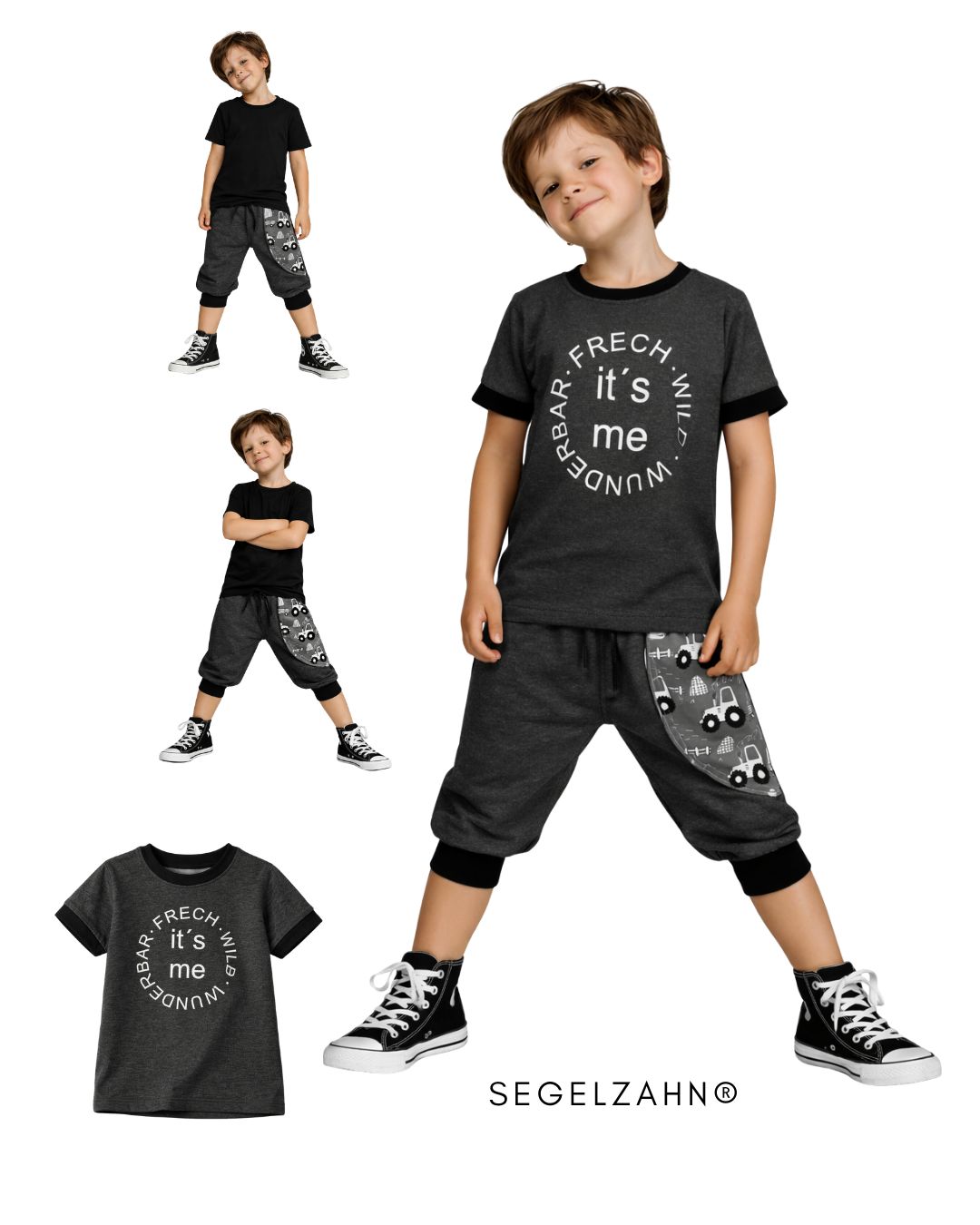 kurze Hose Kinder Traktor grau, Sweat Pumphose Unisex Sommerhose kurze Sweat Pumphose Kinder Unisex Schnitt aus dunkelgrauem French Terry Sweatstoff mit großer Seitentasche Traktor grau und