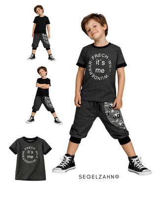 kurze Sweat Pumphose Kinder Unisex Schnitt aus dunkelgrauem French Terry Sweatstoff mit großer Seitentasche Traktor grau und 