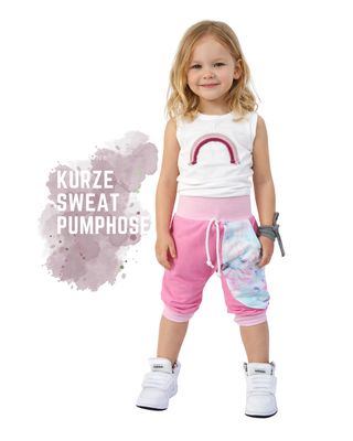 kurze Hose Mädchen, knielange Sweat Pumphose rosa mit Batik Seitentasche in rosa türkis tönen, dezentes Muster und Farben, Mä