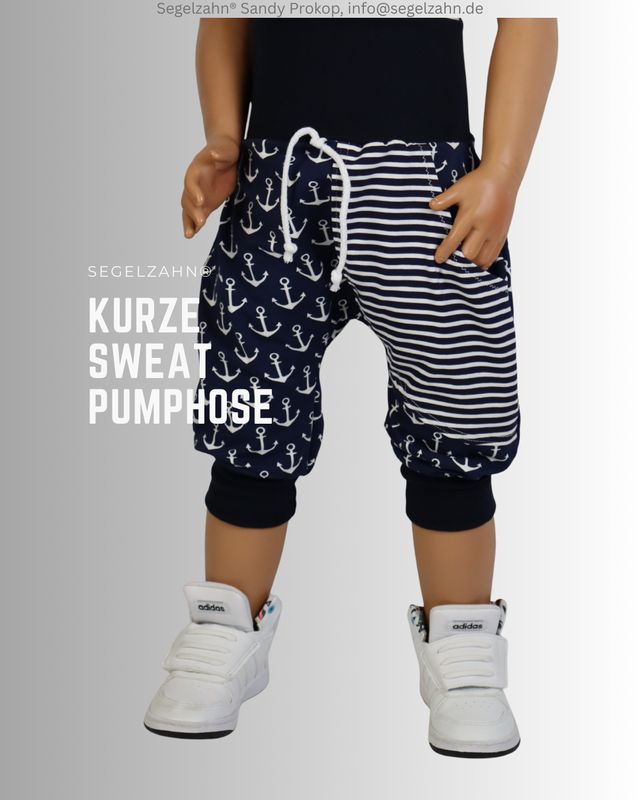 kurze Pumphose Kinder, Unisex Sommerhose in Dunkelblau mit Allover Print Anker Weiß, Kinderhose aus weichem French Terry Swea