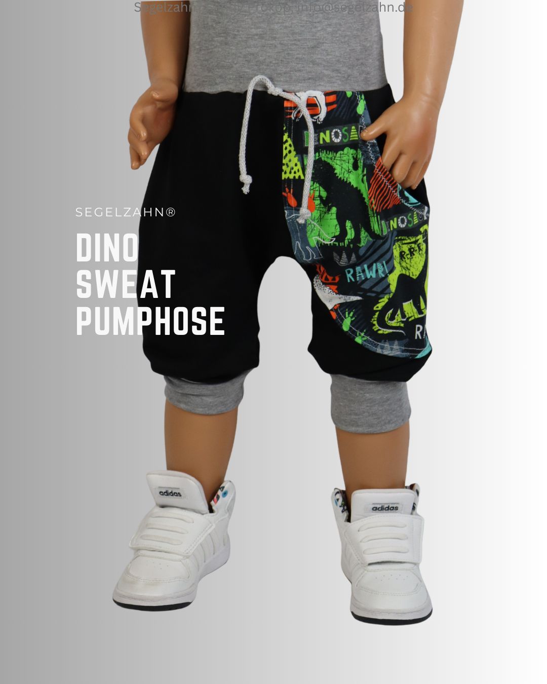 Dino Pumphose Kinder, Kurze Hose Unisex Sweat Shorts Jungen Mädchen Sommerhose kurze Hose Kinder, Dino Sweat Pumphose aus weichem Ferench Terry Sweatstoff in schwarz, cooler Dino Seitentasche, Dekobändern