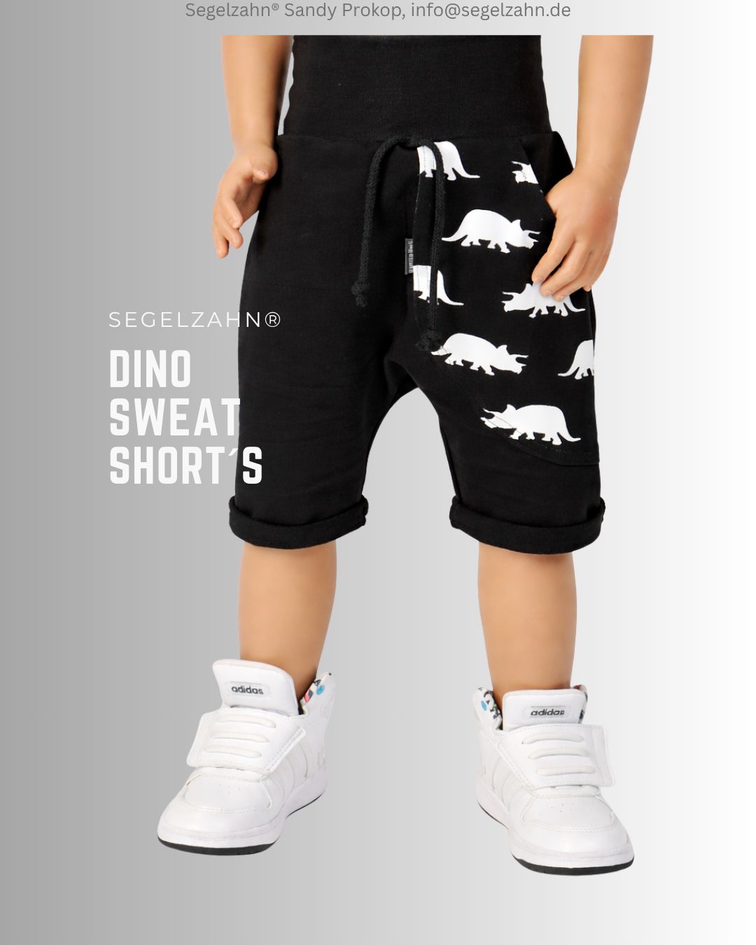 Dino Sweat Shorts Kinder, kurze Hose Unisex Schwarz, Sommerhose Shorts Kinder, schwarze Sweatshort Unisex mit Dino Seitentasche ( schwarz mit weißen Dinos ), Dekobändern und Softbündchen in