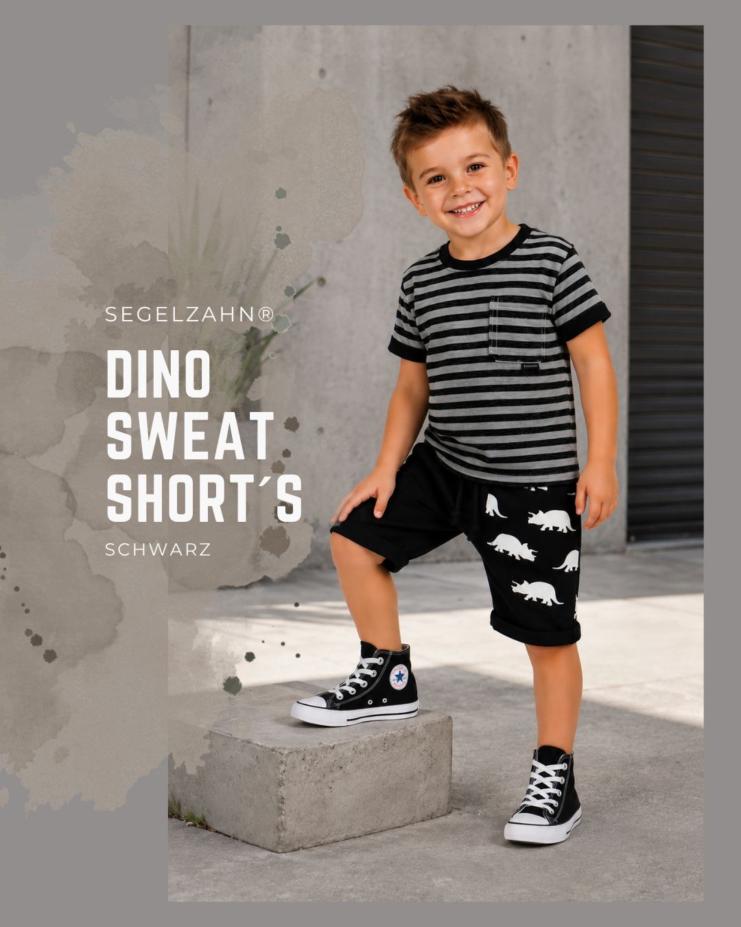 Shorts Kinder, schwarze Sweatshort Unisex mit Dino Seitentasche ( schwarz mit weißen Dinos ), Dekobändern und Softbündchen