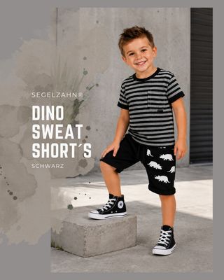 Shorts Kinder, schwarze Sweatshort Unisex mit Dino Seitentasche ( schwarz mit weißen Dinos ), Dekobändern und Softbündchen