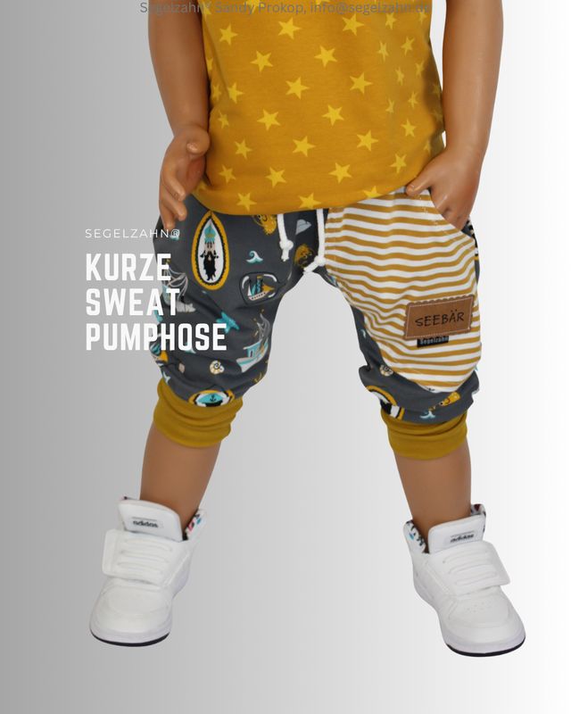 kurze Hose Kinder, Sweat Pumphose grau Seebärmotiv mit gestreifter Seitentasche Senfgelb geringelt, frechem Spruch Seebär, De