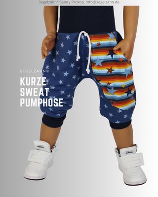 kurze Hose Kinder, Sweat Pumphose Unisex Sterne Blau bunt, Sommerhose kurze Hose Kinder, Unisex Sweat Pumphose Kinder Sommerhose aus weichem French Terry Sweatstoff stern mit bunt gestreifter Sei