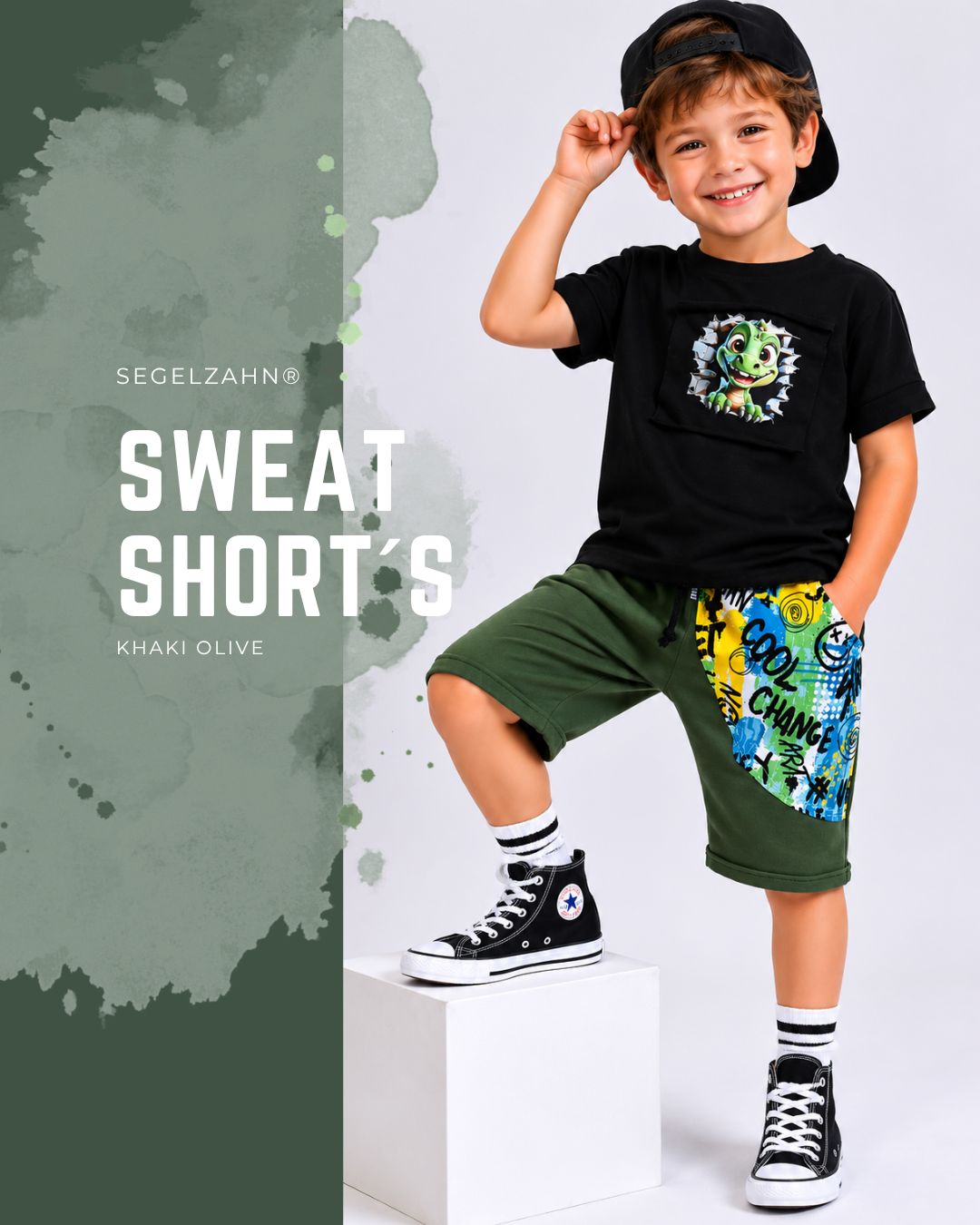 Kinder Sweatshorts Khaki Olive mit Graffiti-Taschendesign für Jungen, bequeme kurze Hose aus Sweatstoff.