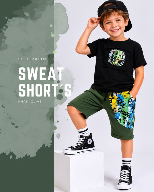 Sweat Shorts Kinder, kurze Hose Unisex Khaki, Sommerhose Smile Jungen Mädchen Kinderkleidung Kinder Sweatshorts Khaki Olive mit Graffiti-Taschendesign für Jungen, bequeme kurze Hose aus Sweatstoff.