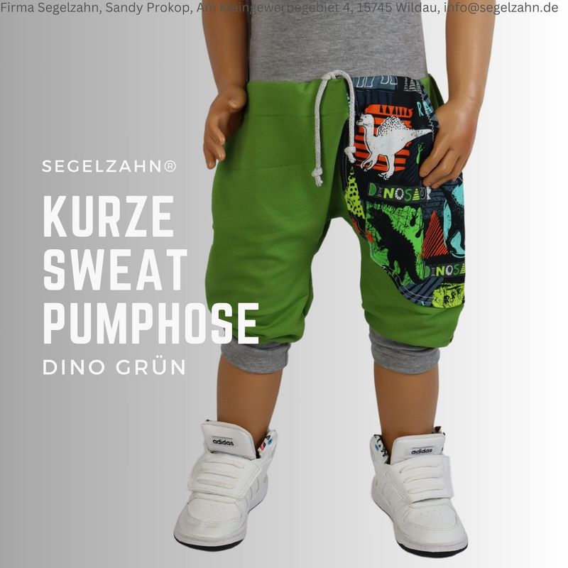 kurze Hose Kinder, Sweat Pumphose Grün Dino, Sommerhose aus weichem French Terry Sweatstoff in Grün mit cooler Dino Seitentas