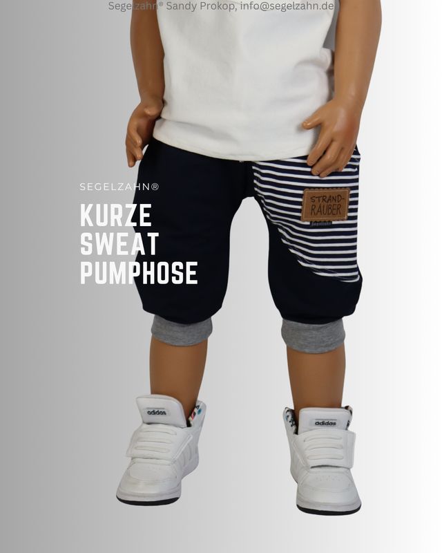 kurze Hose Kinder blau, Sweat Pumphose Unisex Dunkelblau aus weichem French Terry Sweatstoff mit großer geringelter Seitentas