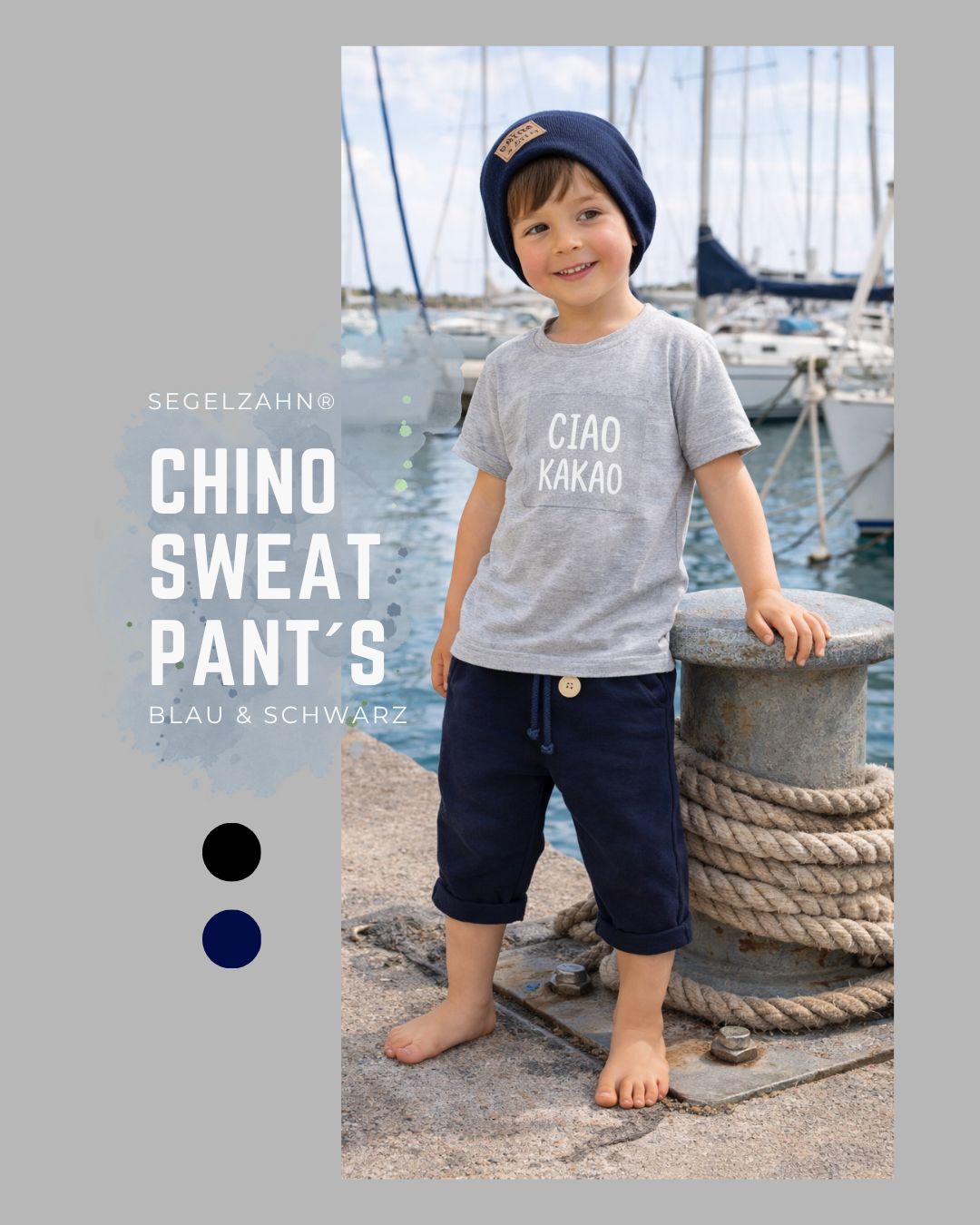 Chino Sweat Pants Kinder, weiche, gemütlich geschnittene schlichte 7/8 Sommerhose mit großer Seitentasche, Handmade Holzknöpf