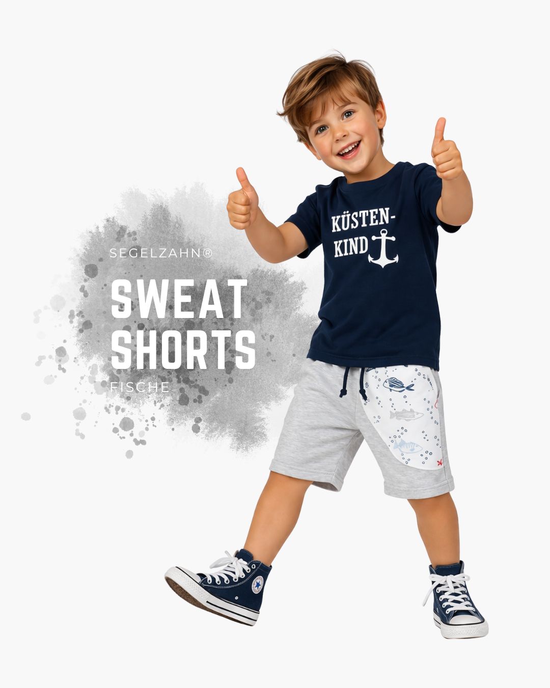 Shorts, kurze Hose Kinder, Unisex Sommerhose Sweat Shorts Grau maritim Fische Shorts für Kinder, Sommerhose Sweat Grau mit Seitentasche Weiß mit Fischen in Blau Grau und Rot, Sweatshorts Kinderhose gemüt