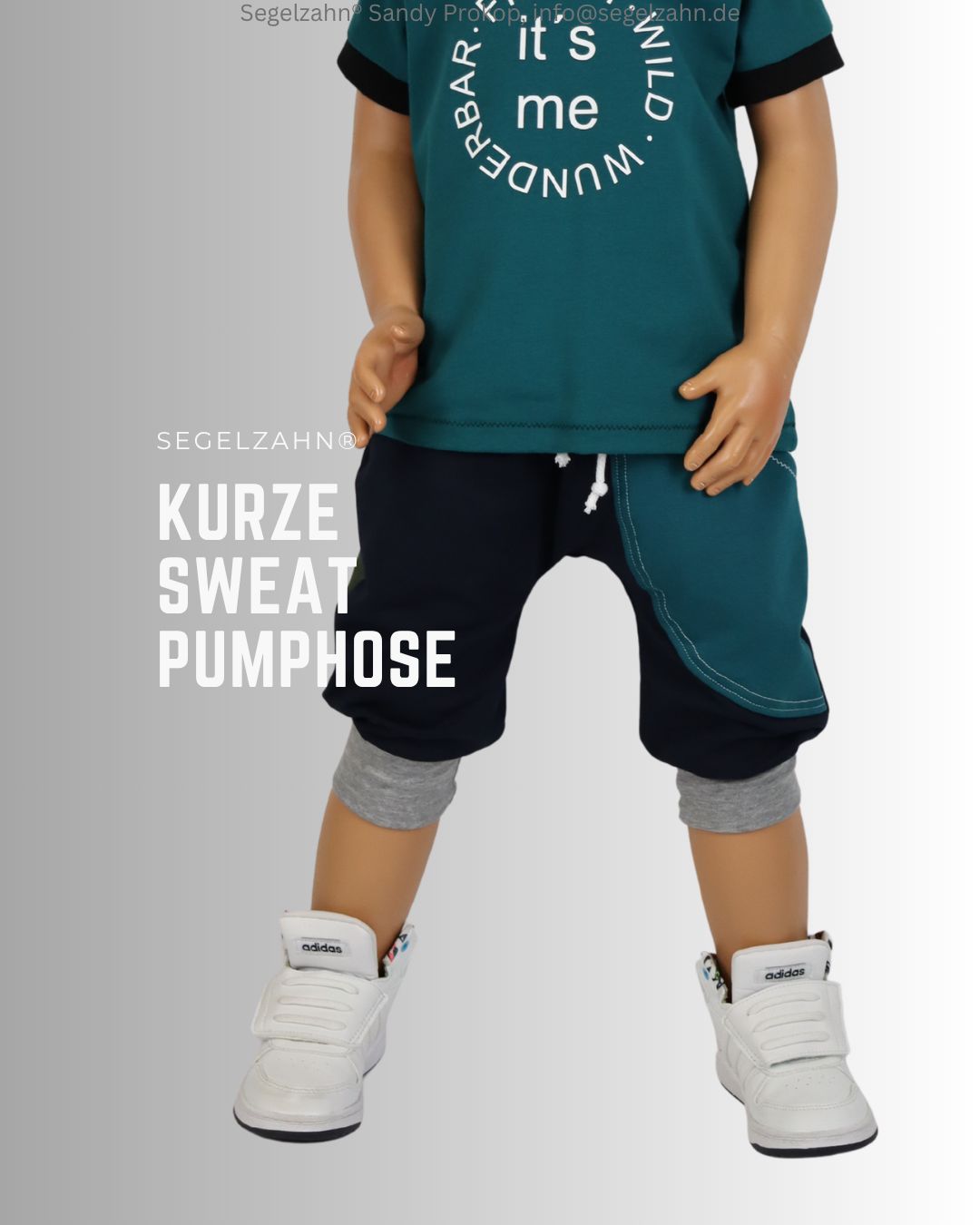 kurze Hose Kinder, Sweat Pumphose Dunkelblau mit Petrolfarbener Seitentasche, Dekobändern und Softbündchen in Grau, Sommerhos