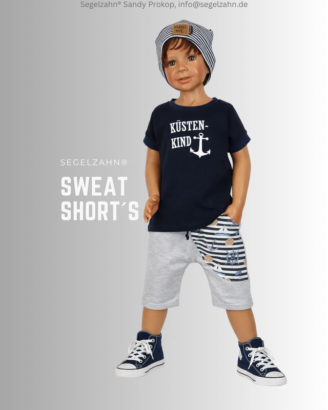 kurze Hose Kinder, Sweat Shorts Hellgrau meliert mit cooler maritim gestreiften Seitentasche mit Booten und Ankern, Kinderhos