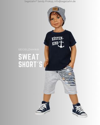 Shorts, kurze Hose Kinder, Unisex Sommerhose Sweat Shorts Grau maritim, Segelzahn Sommer Kleidung kurze Hose Kinder, Sweat Shorts Hellgrau meliert mit cooler maritim gestreiften Seitentasche mit Booten und Ankern, Kinderhos