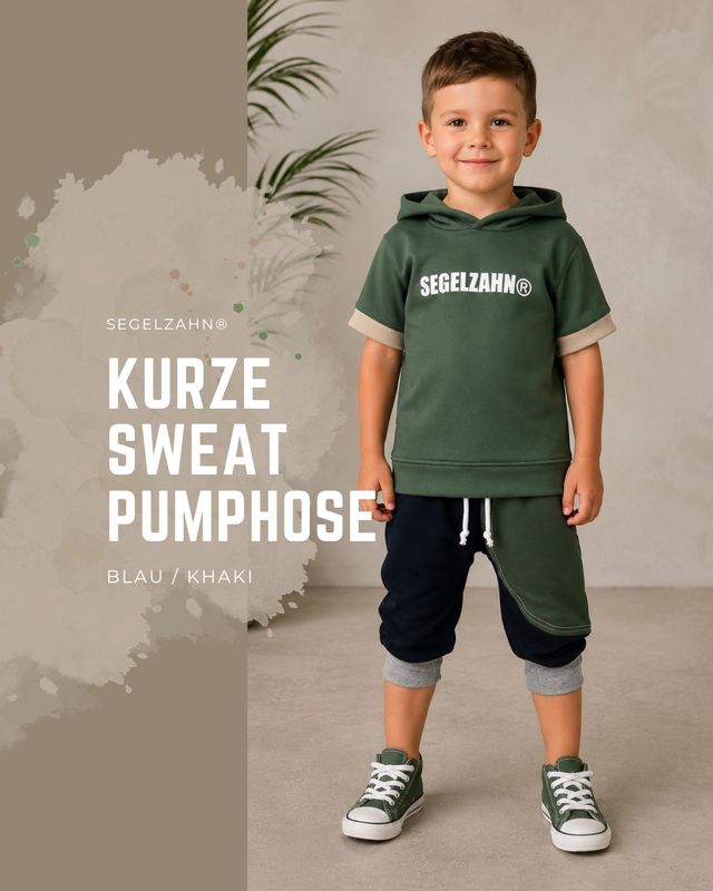 Kurze Pumphose für Kinder in Blau und Khaki aus weichem Sweatstoff mit Seitentasche und Mitwachsbündchen