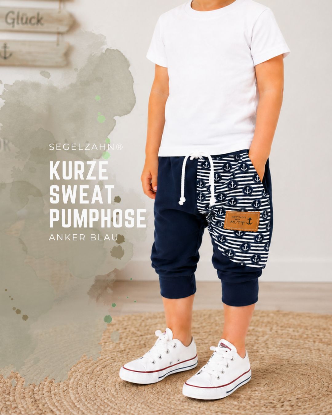 Kurze Pumphose Kinder Blau Anker | Sommerhose Baby Junge | Maritime Mitwachs Hose | Bequeme Jogger Shorts Sweathose | Unisex Kurze maritime Pumphose für Kinder in Dunkelblau mit Anker Muster und weichen Bündchen