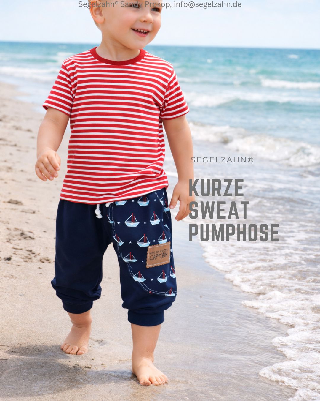 kurze Hose Kinder, Sweat Pumphose Unisex Dunkelblau mit Seitentasche Blau Segelboote, frechem spruch, Dekobändern und Softbün