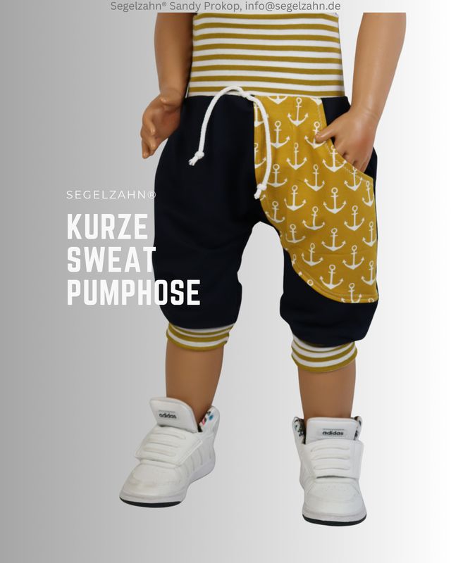 kurze Sweat Pumphose Kinder blau maritim, Sweat Shorts Dunkelblau mit maritimer Anker Seitentasche Senf Gelb, Dekobändern und