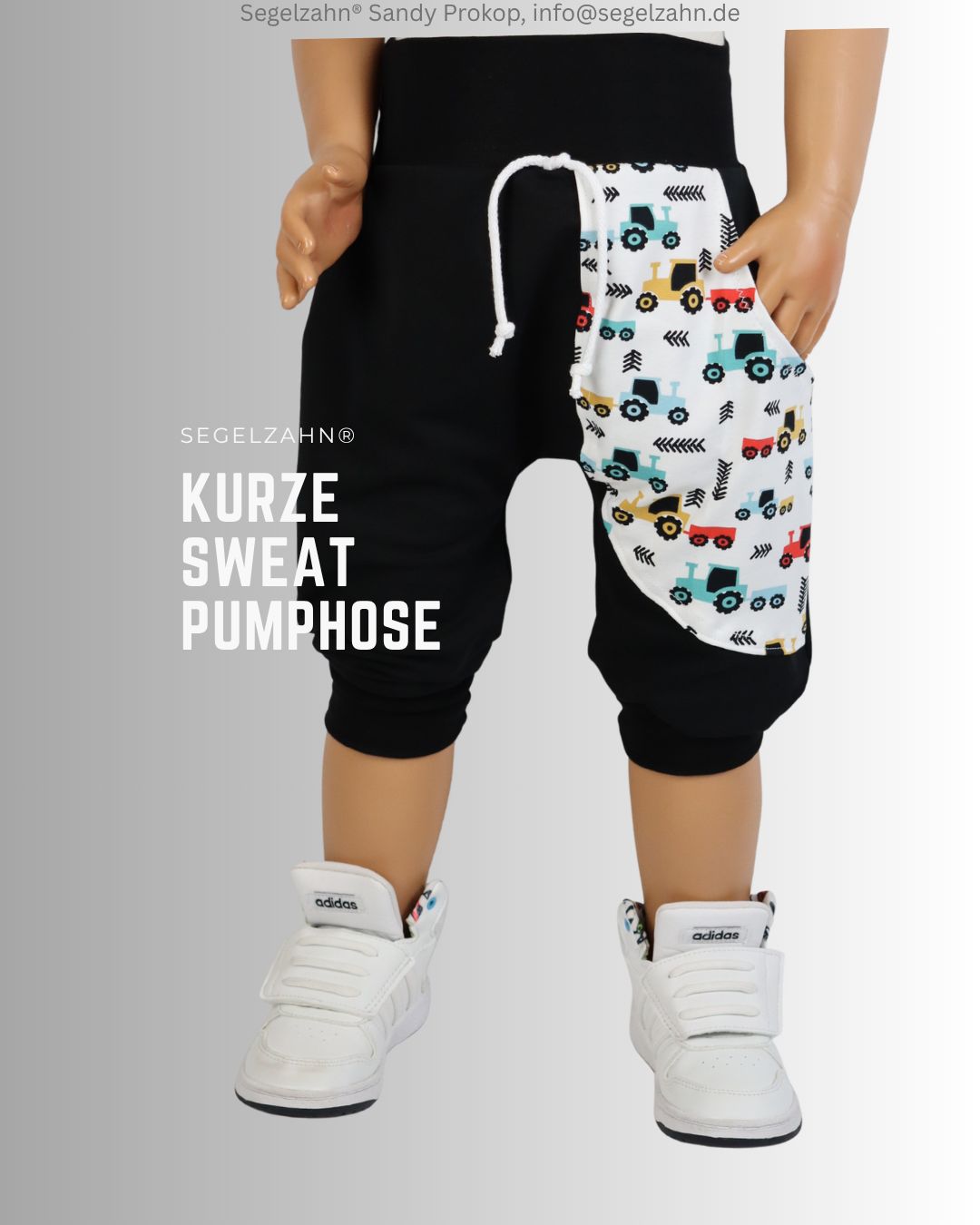 Traktor Hose Kinder, kurze Sweat Pumphose Unisex Schwarz, Sommerhose kurze Hose Kinder, Pumphose Schwarz mit Traktor Seitentasche, Dekobändern und Softbündchen in Schwarz, Sommerhose gemütlich w