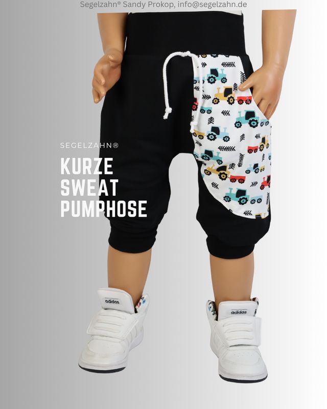 kurze Hose Kinder, Pumphose Schwarz mit Traktor Seitentasche, Dekobändern und Softbündchen in Schwarz, Sommerhose gemütlich w