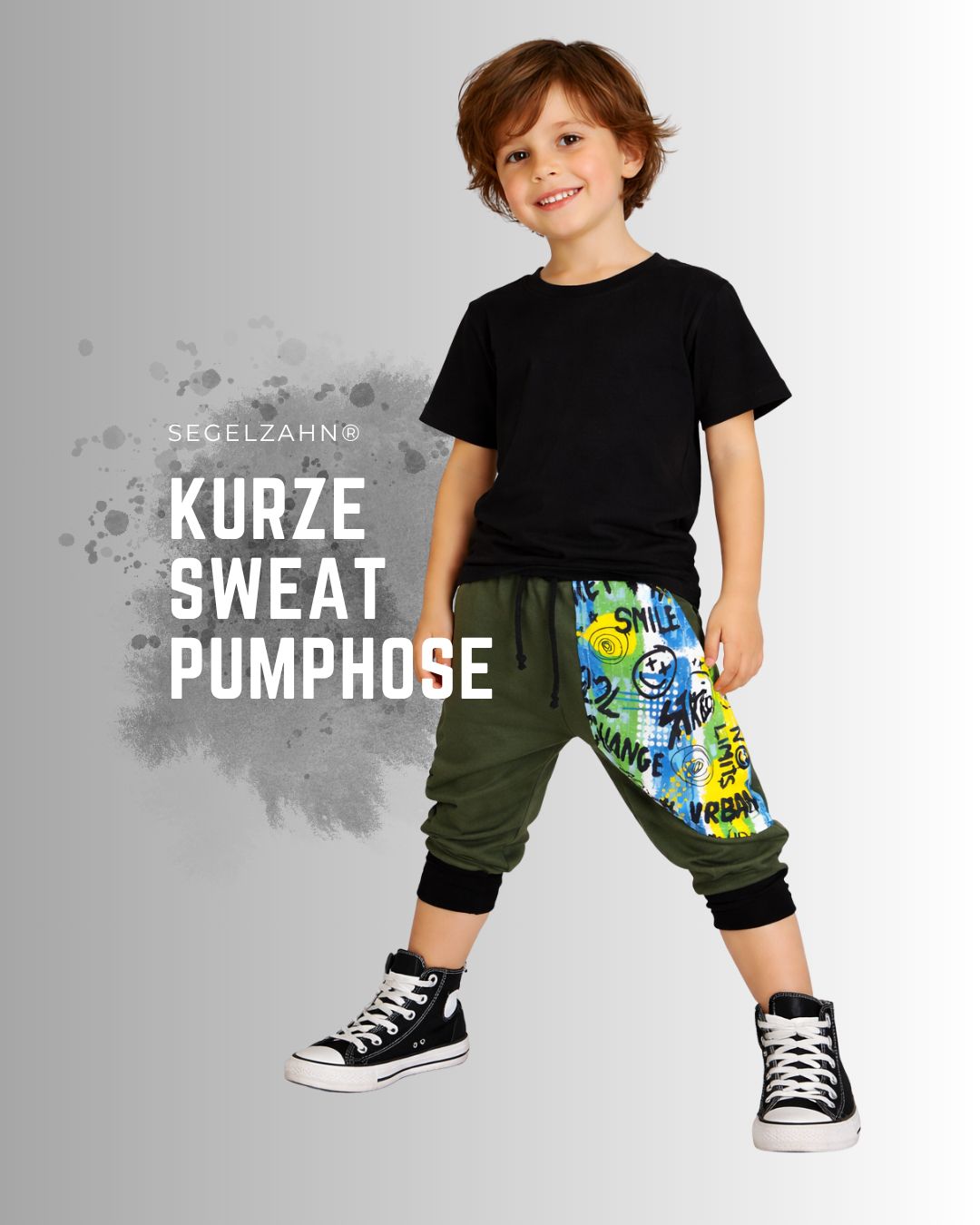 kurze Sweat Pumphose Kinder, Smile, Khaki Olive, Sommerhose Unisex kurze Hose Kinder, Sweat Pumphose Khaki Olive mit frecher Smile Seitentasche, Dekobändern und Softbündchen in Schwarz, Sommer
