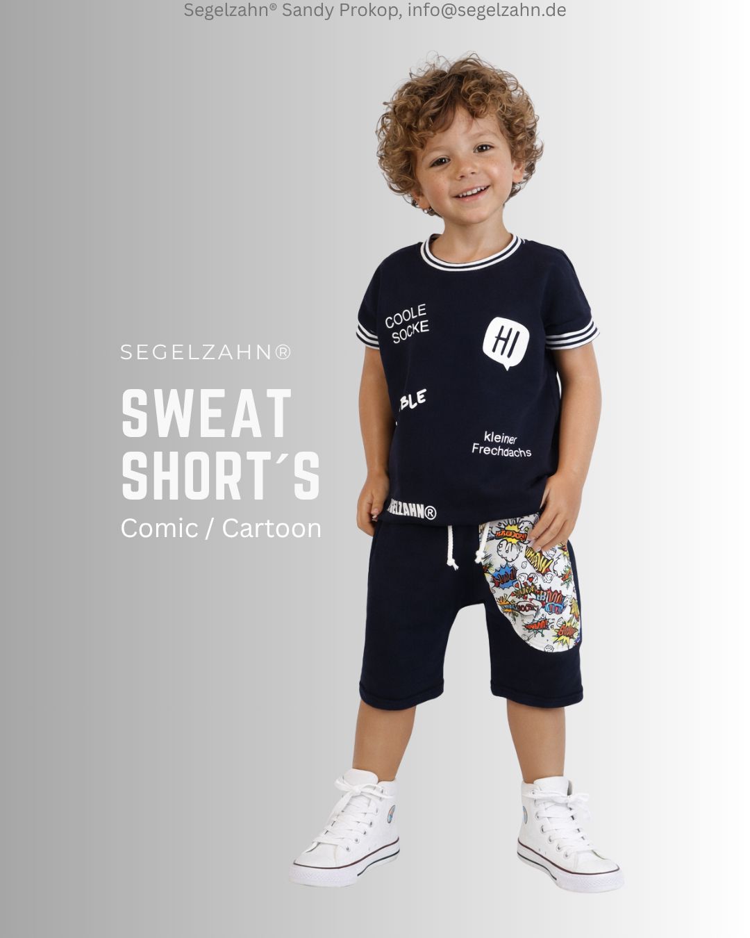 Shorts, kurze Hose Kinder, blaue Sweatshorts Unisex Sommerhose Shorts, kurze Hose Unisex Dunkelblau, Sommerhose mit Comic Cartoon Seitentasche, Dekobändern und Softbündchen ( Farbwahl: Bla