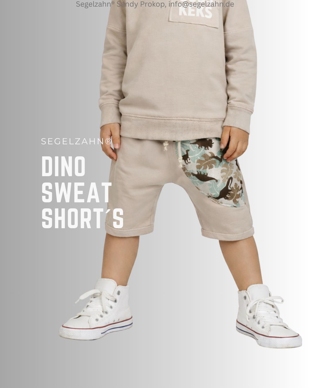 Sommer Sweat Shorts Kinder beige, Unisex Sweatshort aus beigem French Terry Sweatstoff mit cooler Dino Seitentasche, Dekobänd