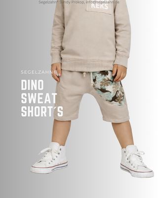Dino Shorts Kinder Beige, kurze Hose Unisex Sweatshorts, Sommerhose Sommer Sweat Shorts Kinder beige, Unisex Sweatshort aus beigem French Terry Sweatstoff mit cooler Dino Seitentasche, Dekobänd