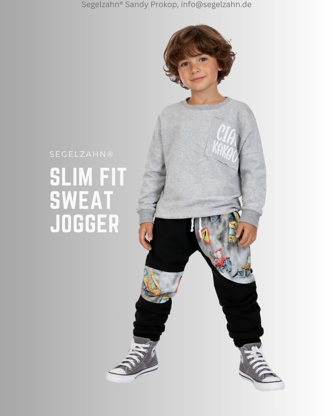 Sweat Hose Kinder Schwarz, Jogginghose mit Seitentasche und Kniepatch Bagger Baustellenmotiv unisex für Jungen und Mädchen