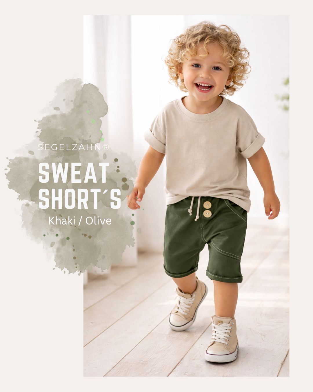 Basic Sweat Shorts Kinder, kurze Hose Khaki Olive, schlichte Unisex Sommerhose Kinder Sweatshorts Khaki Olive, bequeme Shorts mit elastischem Bund und Dekokordel, weicher Stoff und stylische Holzknöpfe