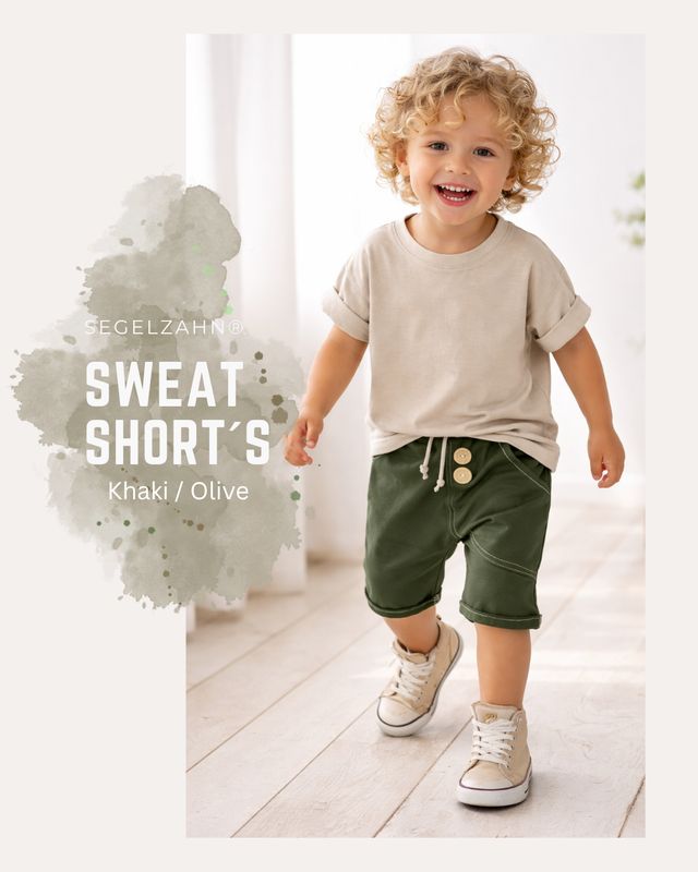 Kinder Sweatshorts Khaki Olive, bequeme Shorts mit elastischem Bund und Dekokordel, weicher Stoff und stylische Holzknöpfe