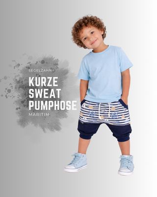 kurze Sweat Pumphose maritim blau, Kinder Sommerhose Unisex mit maritimer Kangarootasche, Dekobändern und Softbündchen