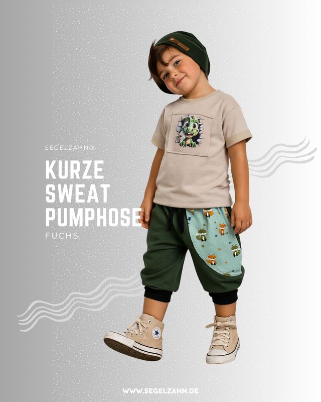 kurze Hose Kinder, Sweat Pumphose Unisex Khaki Olive, Sommer Shorts mit Fuchs Seitentasche old Mint