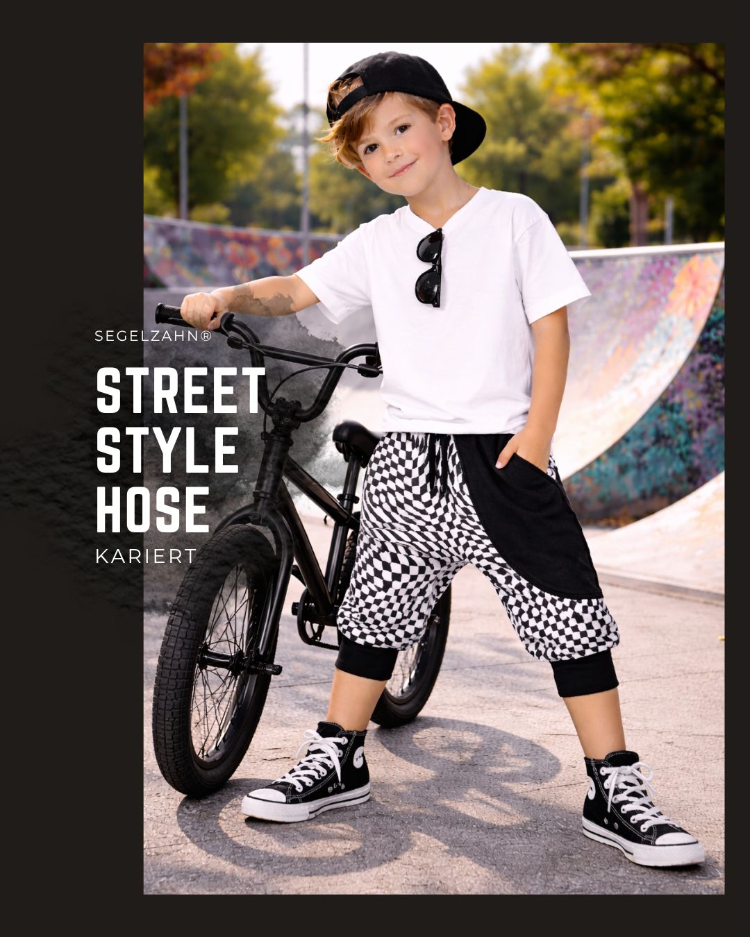 kurze Pumphose Kinder, Unisex Sommerhose gemütlich weit geschnitten aus frechem kariertem Jacquard Stoff mit schwarzer Seiten