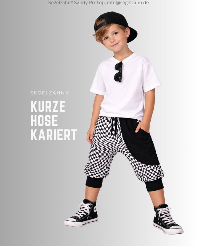 kurze Pumphose Kinder, Unisex Sommerhose Kariert, ausgefallene Kinderhose für Jungen und Mädchen, Jacquard Jogger Sommerkleidung Segelzahn kurze Pumphose Kinder, Unisex Sommerhose gemütlich weit geschnitten aus frechem kariertem Jacquard Stoff mit schwarzer Seiten