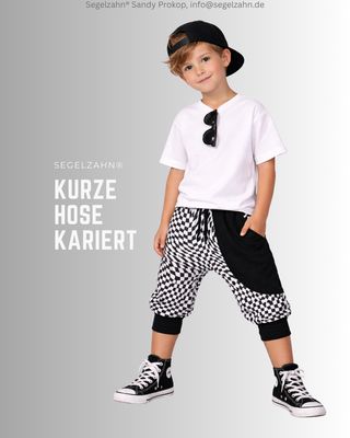 kurze Pumphose Kinder, Unisex Sommerhose Kariert, ausgefallene Kinderhose für Jungen und Mädchen, Jacquard Jogger Sommerkleidung Segelzahn kurze Pumphose Kinder, Unisex Sommerhose gemütlich weit geschnitten aus frechem kariertem Jacquard Stoff mit schwarzer Seiten