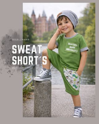 Sweat Shorts Kinder, Unisex Sommerhose aus weichem, grünem French Terry Sweatstoff mit Seitentasche Drachen Rittermotiv
