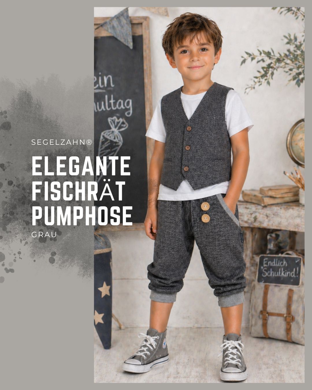 kurze, elgagante Kinderhose , Unisex Pumphose Grau Fischgrätmuster, Sommerhose zur Einschulung oder festliche Anlässe mit Sei