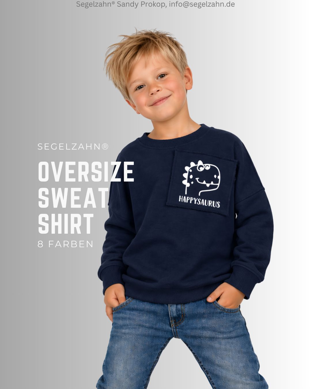Sweatshirt Kinder Dino Oversize Pullover in 8 Farben, Jungen Mädchen Oberteil Sweat Sweatshirt Kinder, Oversized geschnitten in 8 Farben, gemütlich, locker, gerade mit Brustpatch Dino Druck Happysaurus