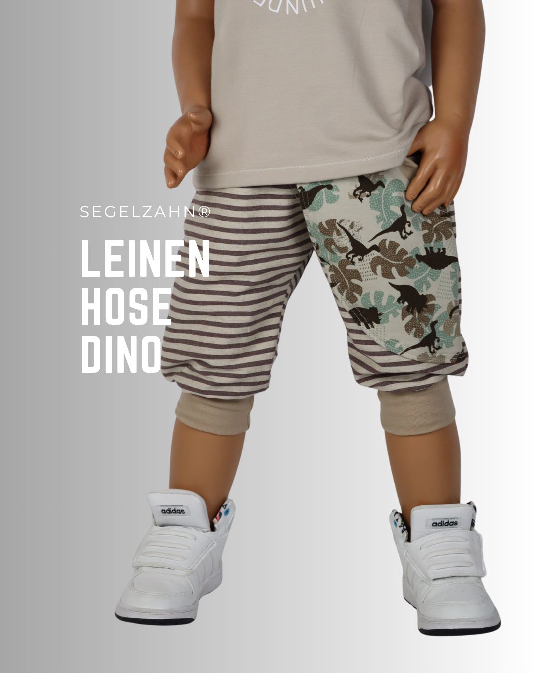 Bambus Baumwoll Leinen Mix Sommerhose, kurze Pumphose Kinder Unisex gestreift beigtöne mit Dino Seitentasche und Softbündchen