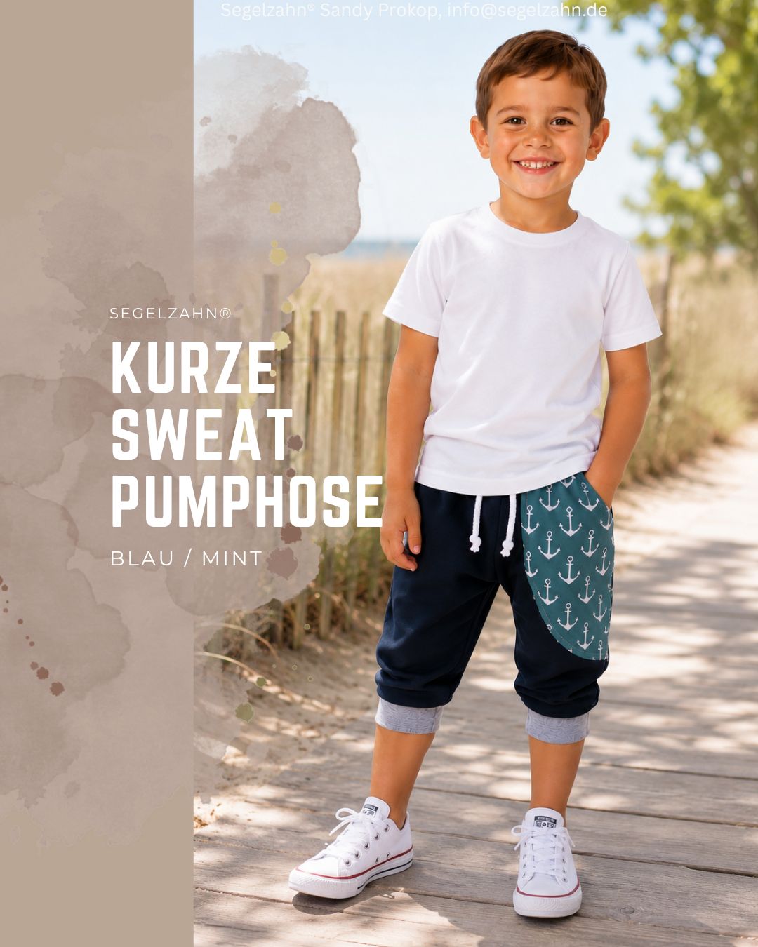 Kurze Pumphose Kinder Anker Mint Blau | Sommerhose Jungen Mädchen | Bequeme Sweathose Maritim Kind trägt kurze Pumphose in Blau und Mint mit Anker-Muster, bequeme Sommerhose für Jungen und Mädchen