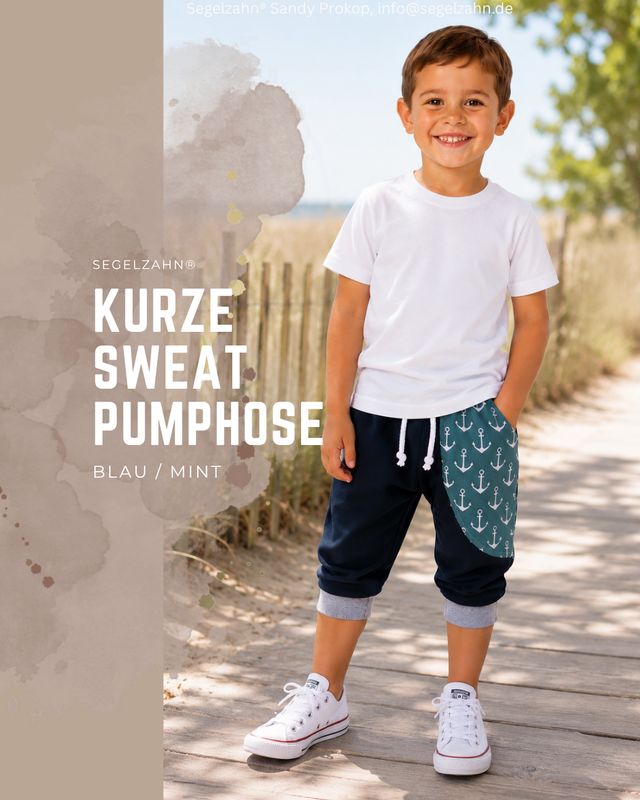 Kurze Pumphose Kinder Anker Mint Blau | Sommerhose Jungen Mädchen | Bequeme Sweathose Maritim Kind trägt kurze Pumphose in Blau und Mint mit Anker-Muster, bequeme Sommerhose für Jungen und Mädchen