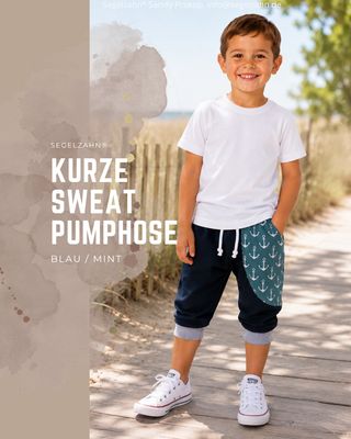 Kurze Pumphose Kinder Anker Mint Blau | Sommerhose Jungen Mädchen | Bequeme Sweathose Maritim Kind trägt kurze Pumphose in Blau und Mint mit Anker-Muster, bequeme Sommerhose für Jungen und Mädchen