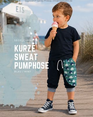 Kurze Pumphose Blau Mint mit Walen, lockere Kinder-Sommerhose aus weichem Sweatstoff für aktive Kinder