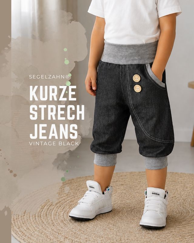 Kurze Jeans Pumphose Kinder Vintage Schwarz | Unisex Stretch Jeans dreiviertel Hose für Jungen & Mädchen Kurze Jeans Pumphose Kinder Vintage Schwarz – bequeme Unisex Stretch Jeans in 3/4 Länge mit breitem Bündchen
