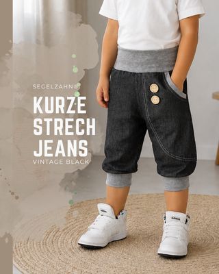 Kurze Jeans Pumphose Kinder Vintage Schwarz | Unisex Stretch Jeans dreiviertel Hose für Jungen & Mädchen Kurze Jeans Pumphose Kinder Vintage Schwarz – bequeme Unisex Stretch Jeans in 3/4 Länge mit breitem Bündchen