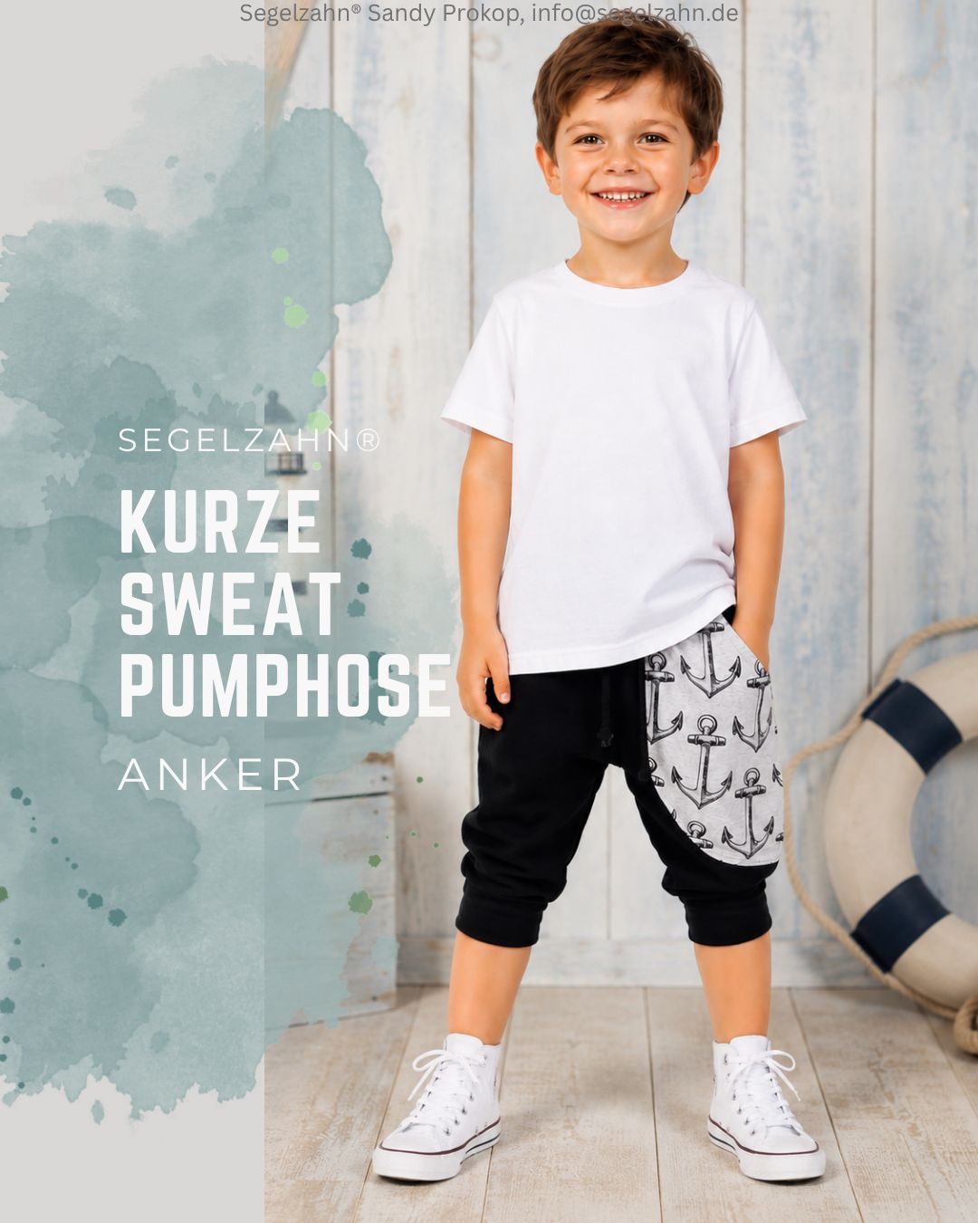 Kurze Sweat Pumphose Kinder Schwarz Grau Anker | Sommerhose Unisex für Jungen und Mädchen Kurze Pumphose Kinder schwarz mit grauem Anker-Muster, bequeme Sommerhose für Jungen und Mädchen