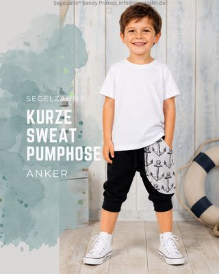 Kurze Sweat Pumphose Kinder Schwarz Grau Anker | Sommerhose Unisex für Jungen und Mädchen Kurze Pumphose Kinder schwarz mit grauem Anker-Muster, bequeme Sommerhose für Jungen und Mädchen